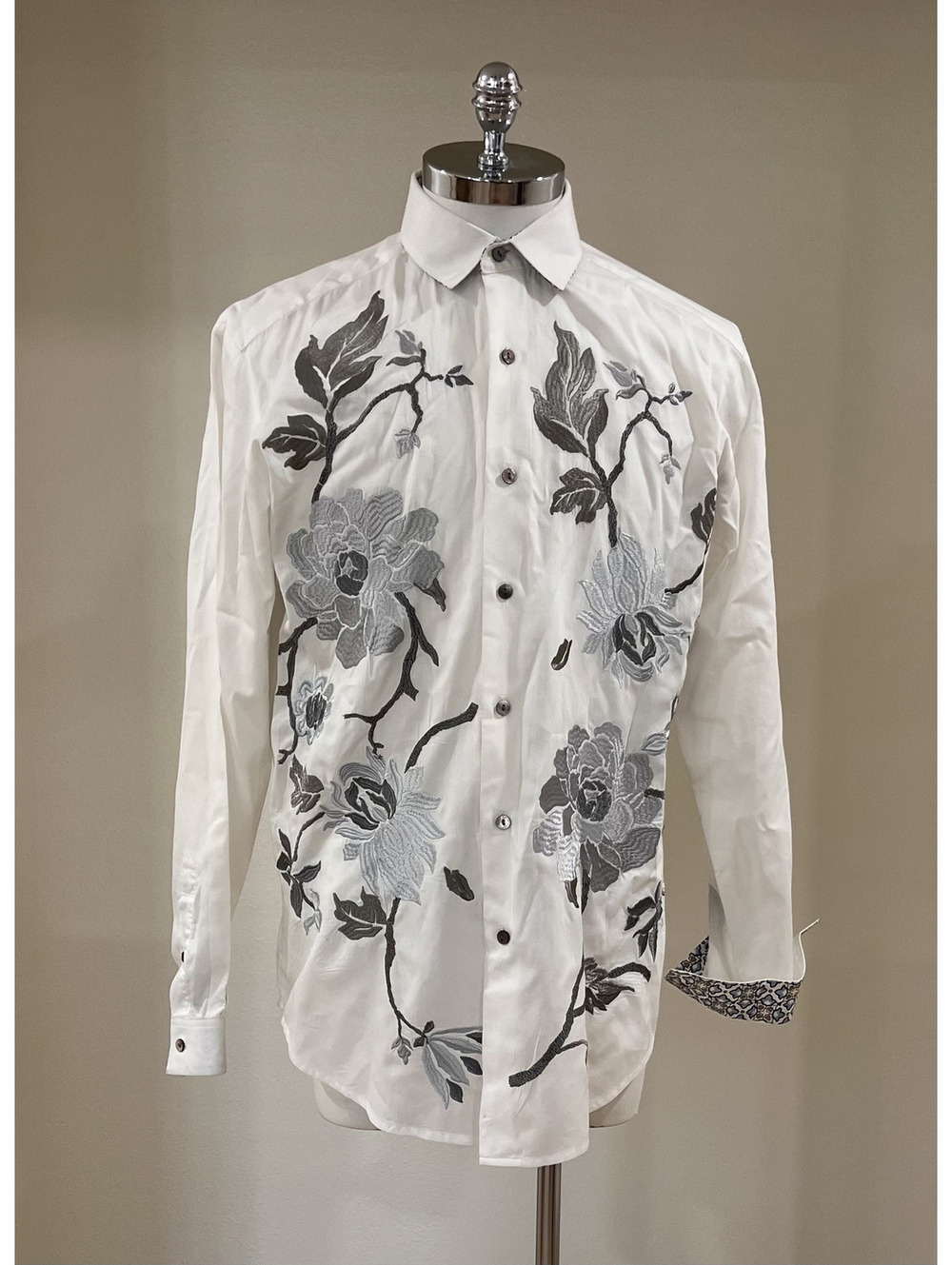 Robert Graham Men M White Floral Embroidered Silk Trim Shirt